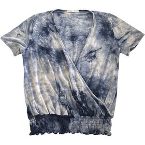 Heart to Heart Top Womens Small Blue Tie Dye Surplice Smocked Waist Layering